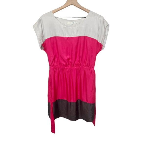 BODEN Women's Color Block Shift Dress Silk Viscose Taupe Pink Chocolate Belted 8 - Picture 1 of 13